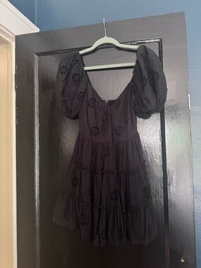 Aqua Black Eyelet Puff-Sleeve Mini Dress